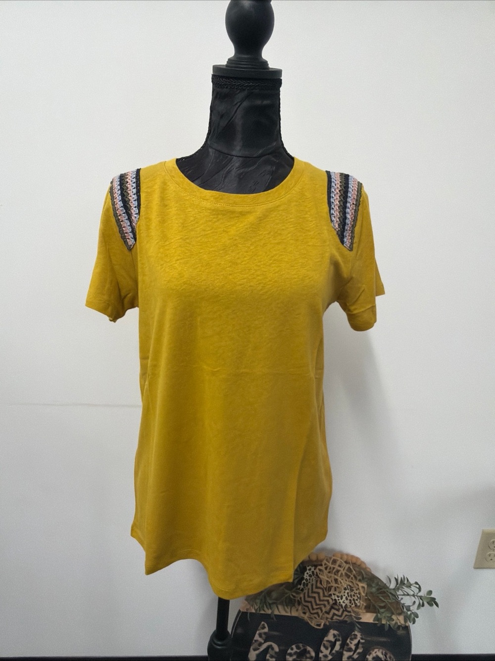 Hem & Thread Mustard Yellow Short Sleeve Top with Embellished Shoulders